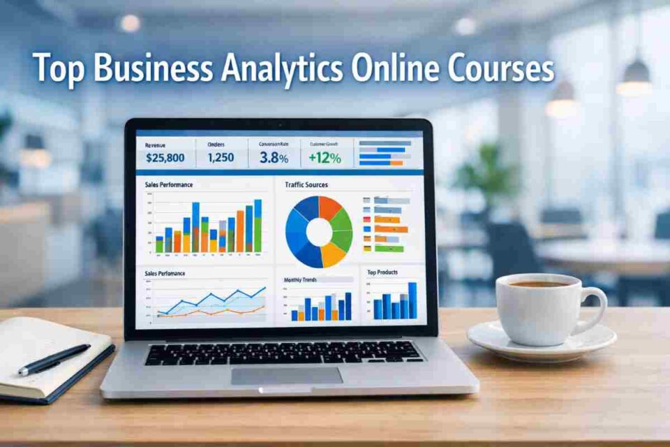Professional reviewing business analytics dashboard with charts and data visualizations on a laptop screen