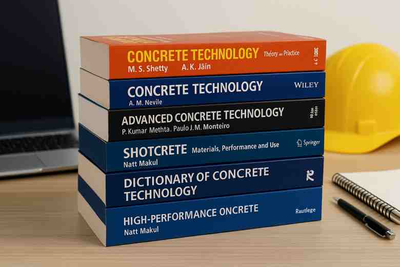 Stack of modern concrete technology and civil engineering textbooks on a desk with a laptop, notebook, pen, and construction helmet in the background.