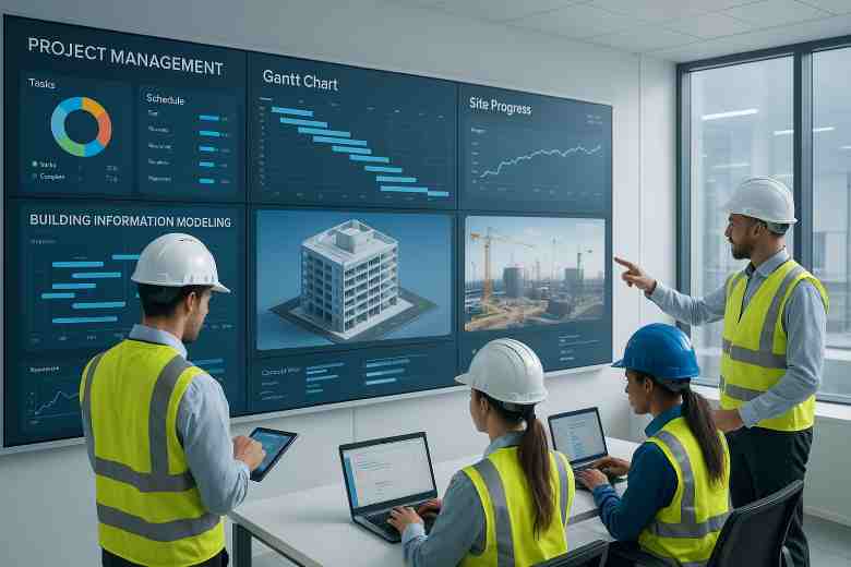 Engineers managing a construction project using digital dashboards, Gantt charts, and BIM models in a futuristic control room.