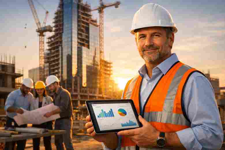 Professional construction operations manager reviewing project analytics on a digital tablet at a modern high-rise construction site