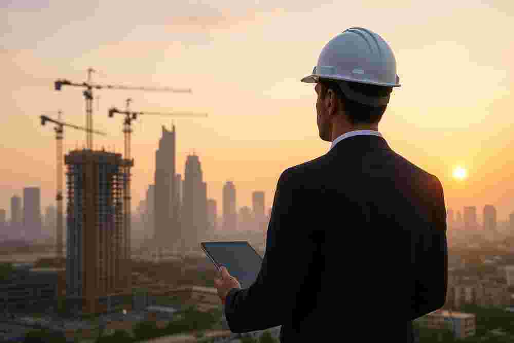 A confident construction project manager in a suit and hard hat standing on a rooftop, overlooking cranes and skyscrapers at sunrise.