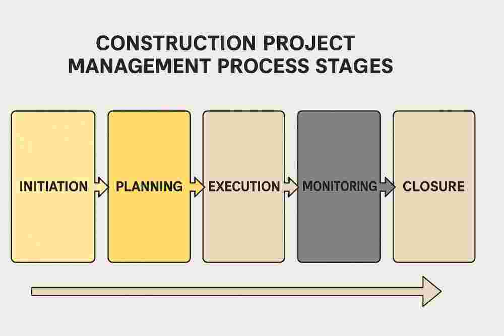 Infographic showing five stages of construction project management — Initiation, Planning, Execution, Monitoring, and Closure — arranged in a horizontal timeline with color-coded boxes.