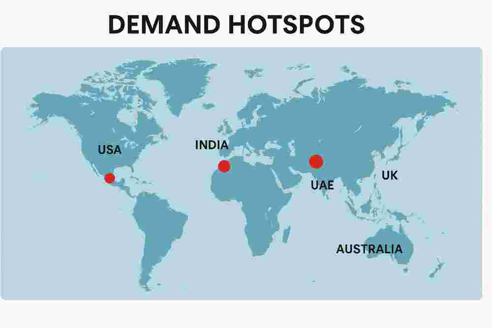 World map highlighting demand hotspots for construction project managers in India, UAE, USA, UK, and Australia with red markers.