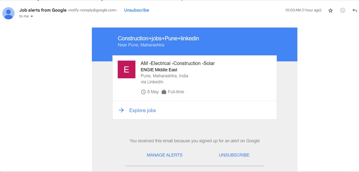 Google Job Alert email screenshot