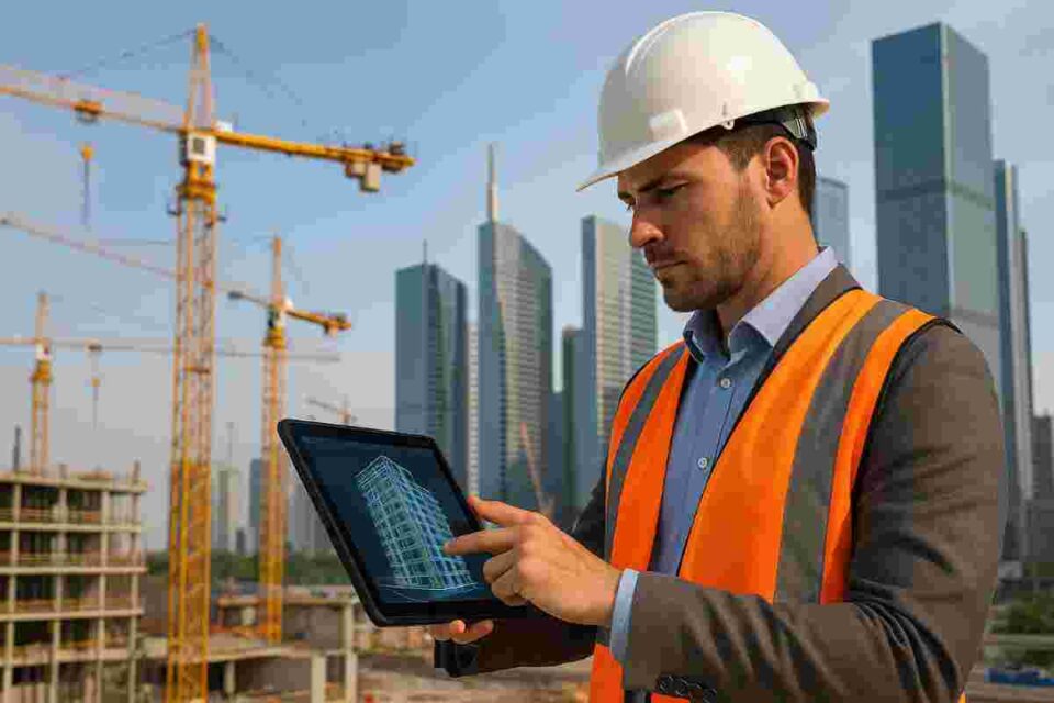 Construction project manager wearing a hard hat and safety vest holding a tablet with a 3D BIM model, cranes and skyscrapers in the background.