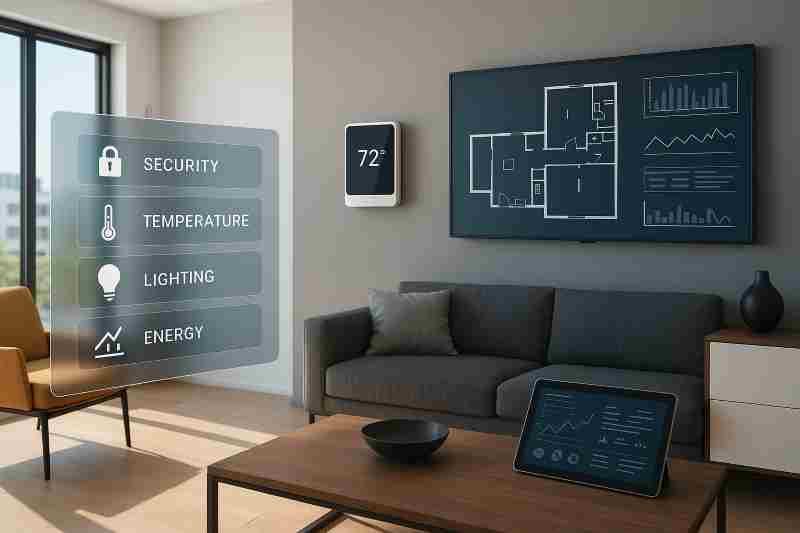 Smart building technology integration showing IoT devices and digital property management