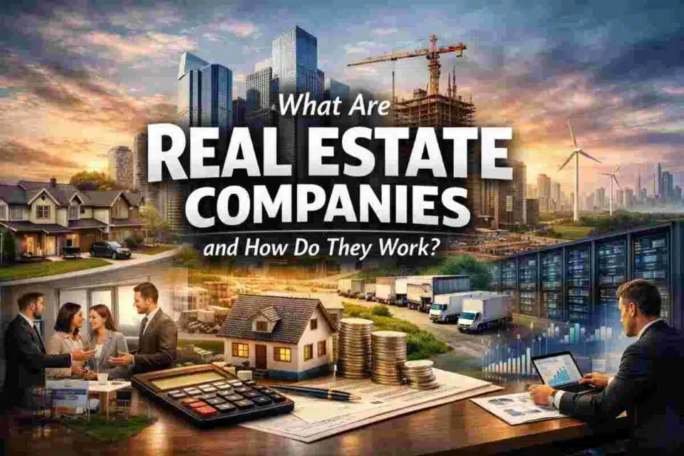 real estate companies explained with residential homes, commercial buildings, and investment analysis in 2026