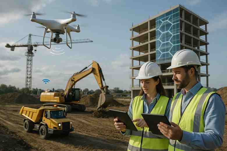 Futuristic construction site with drones surveying, autonomous machinery operating, engineers using tablets, and a smart building under construction.