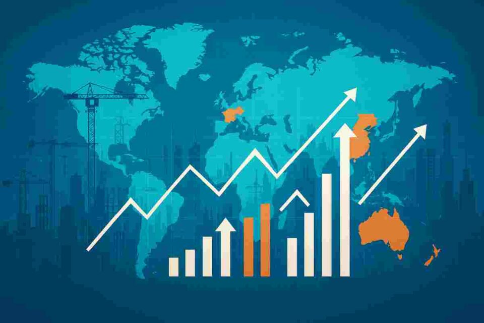 World map with construction cranes and growth arrows highlighting booming construction markets in Australia, UK, Switzerland, USA, and Asia.