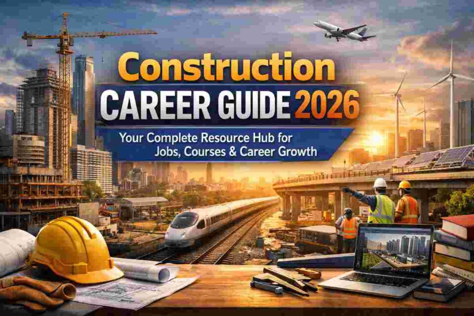 Construction Career Guide 2026 showing modern infrastructure projects, construction professionals, and digital career planning tools