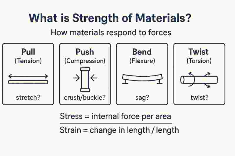 Simple diagram showing how materials respond to tension, compression, bending, and torsion with stress and strain definitions