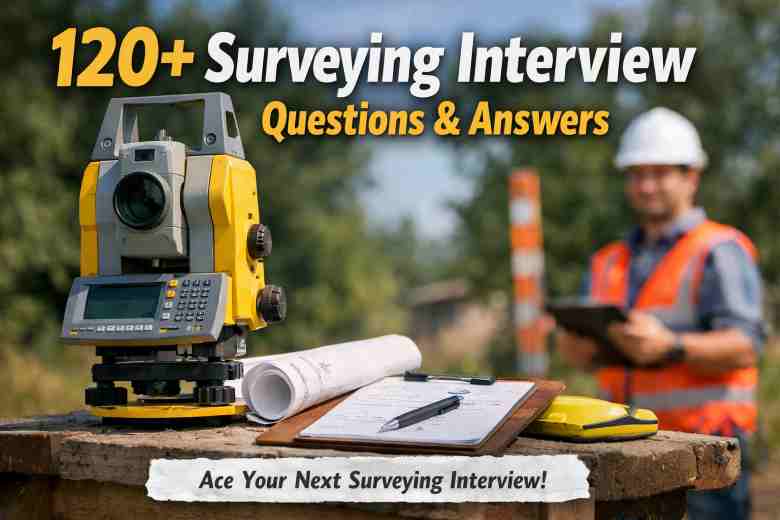 Hyper-realistic surveying interview preparation image showing total station equipment, site drawings, and a surveyor at work