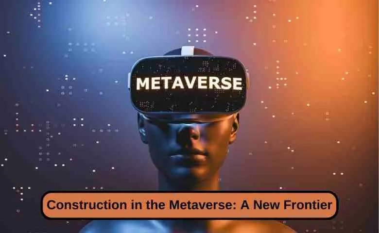 A digital construction site with futuristic buildings in the metaverse, representing the blending of physical construction with virtual reality technologies