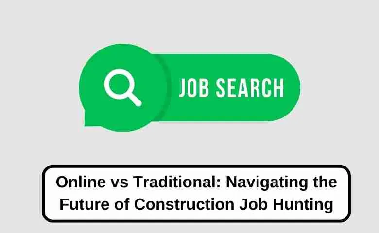 A construction worker reviewing blueprints while standing on a construction site, with a laptop displaying job search websites in the foreground.