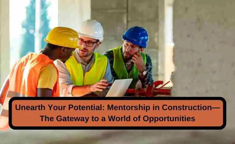 A mentor and mentee reviewing a construction blueprint at a construction site.