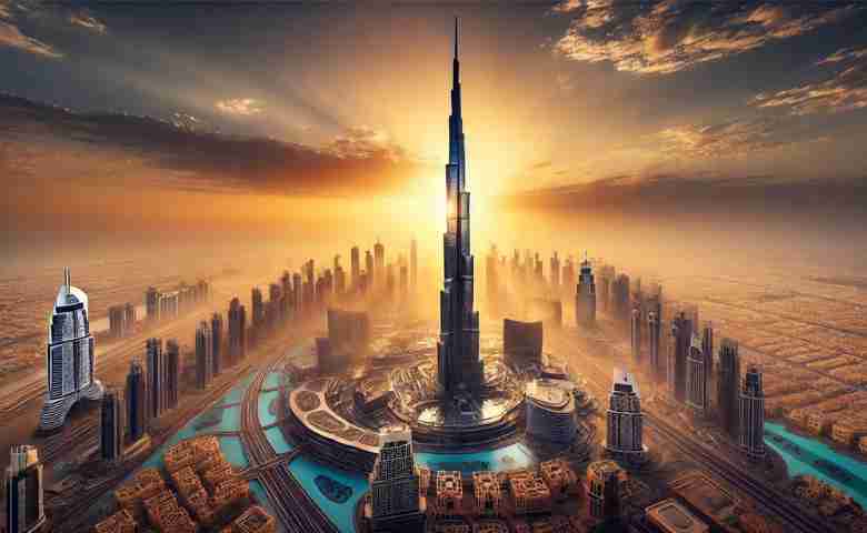 Burj Khalifa soaring over Dubai's skyline at sunset