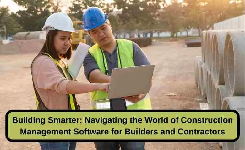 Construction professionals discussing project on construction management software