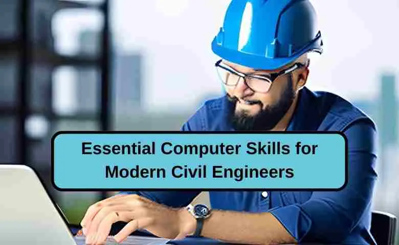 Civil engineer using advanced software on a computer with construction blueprints in the background.