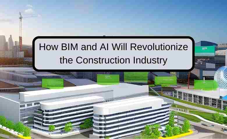 Construction site with BIM and AI graphics overlay