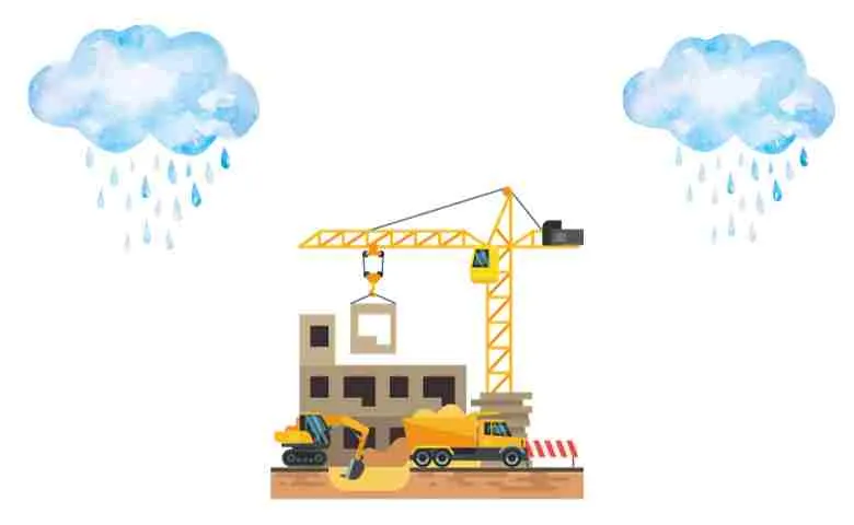 Construction site with protective measures against heavy rain.