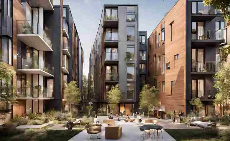 Modern residential buildings showcasing co-living spaces, micro-apartments, and multi-generational homes.