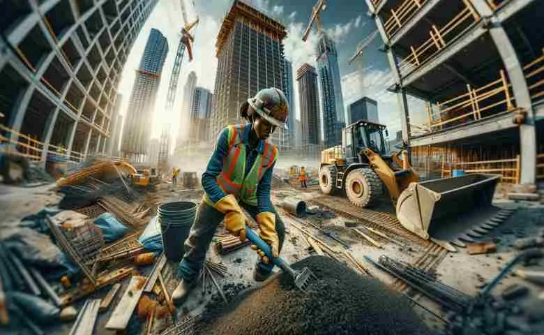 Construction worker clearing debris at a worksite
