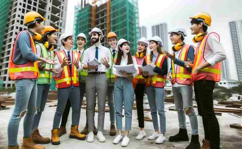 Students in hardhats and vests discussing construction plans