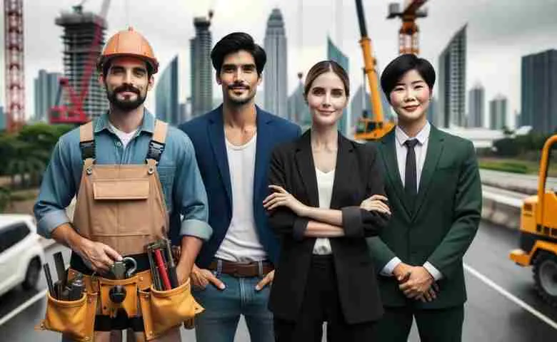 A diverse group of construction professionals discussing plans