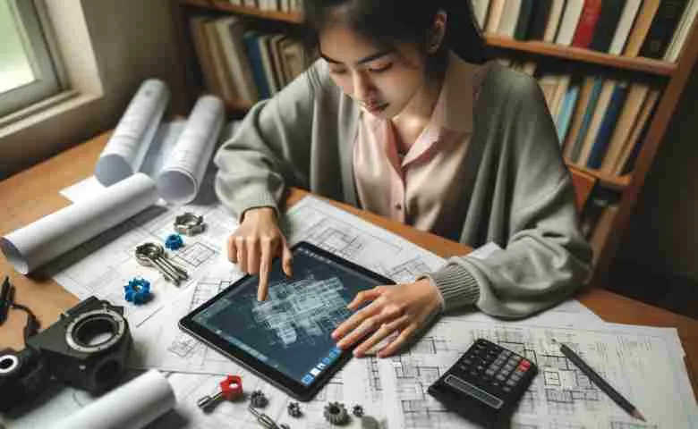 Engineering student interacting with a design app on a digital tablet