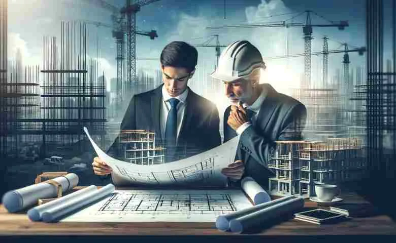 Contractor and client discussing blueprints on a construction site