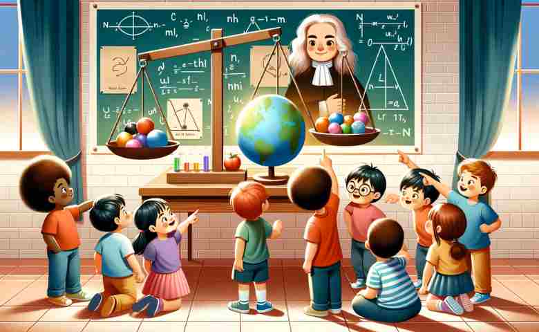 Children learning about weight and mass with a balance scale and Earth globe
