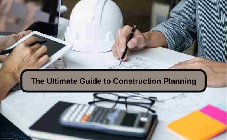 Architectural blueprints and tools on a desk with construction site background