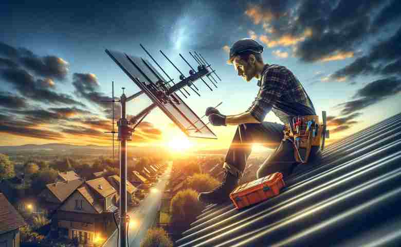 Technician adjusting an outdoor TV aerial