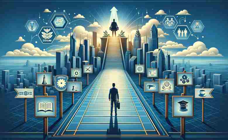 Pathway to management role with key skills signposts and a leadership trophy