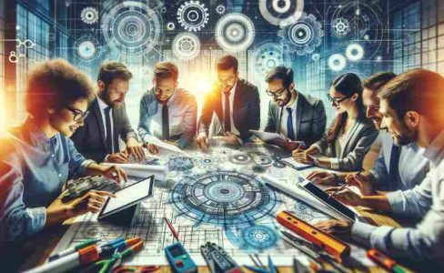 Engineering professionals discussing over blueprints