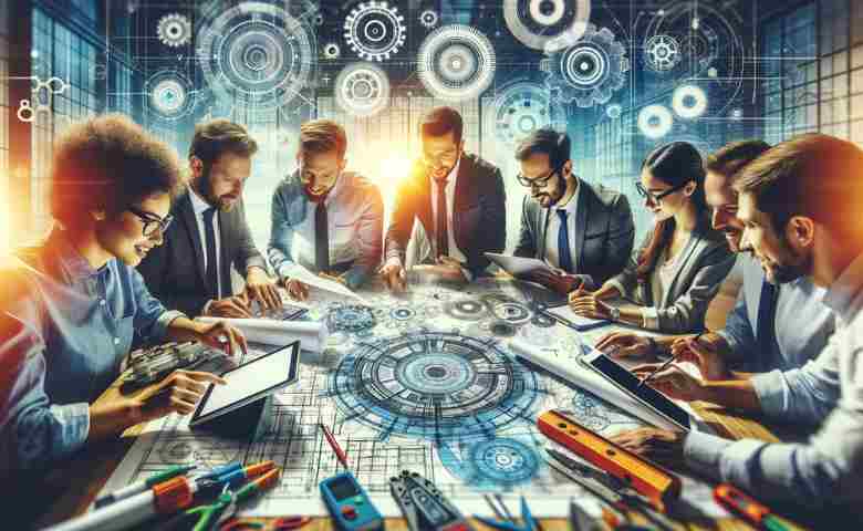Engineering professionals discussing over blueprints
