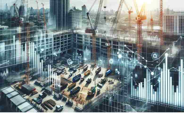 Aerial view of a construction site with financial charts overlay