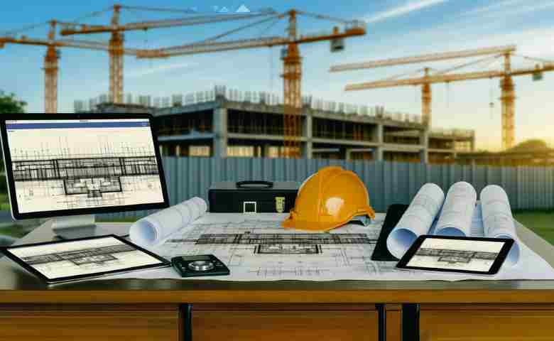 Blueprints and a hard hat on a construction site meeting table