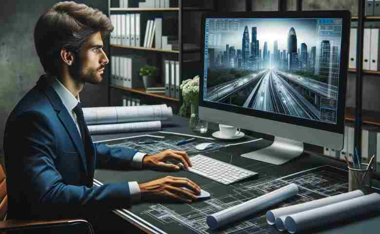 A civil design engineer analyzing blueprints with advanced CAD software.
