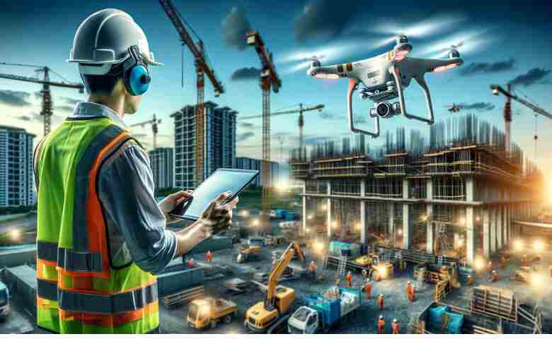 A safety officer conducting a site inspection with a drone. doing a construction safety jobs