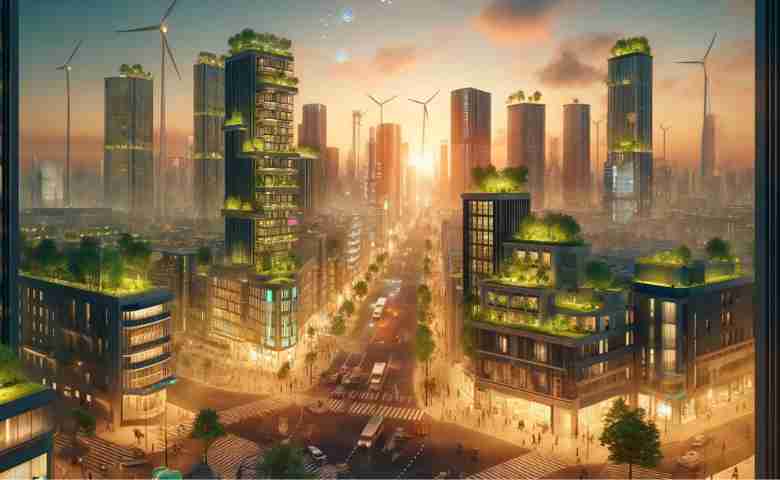 A futuristic cityscape with green infrastructure and smart technologies
