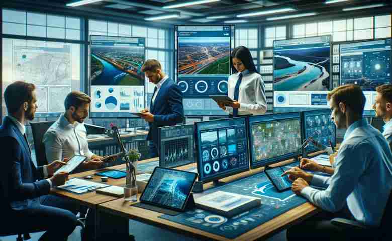 Engineers planning water resources with modern technology