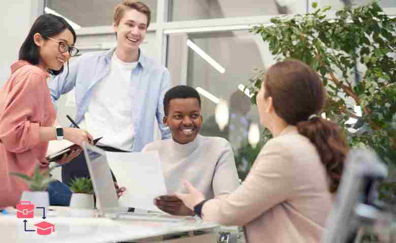 Students collaborating in a co-op work environment