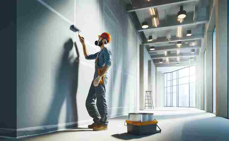 A professional painter adding finishing touches to a newly constructed building.