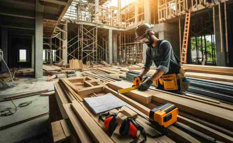 Carpenter working on a wooden framework in a construction site