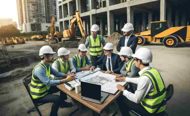 Construction managers discussing project plans on a construction site with modern technology in the background.