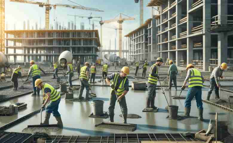 Concrete finishers smoothing a freshly poured concrete surface on a construction site.