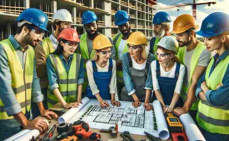Diverse team of construction workers collaborating on a building site.
