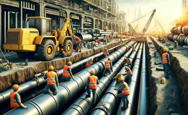 Pipelayers and pipefitters working on a construction site