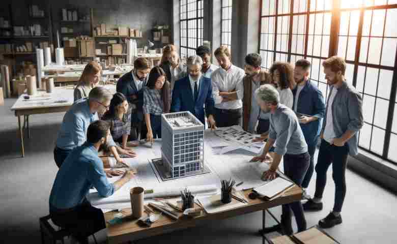 A group of architects and construction designers collaborating on a building model.